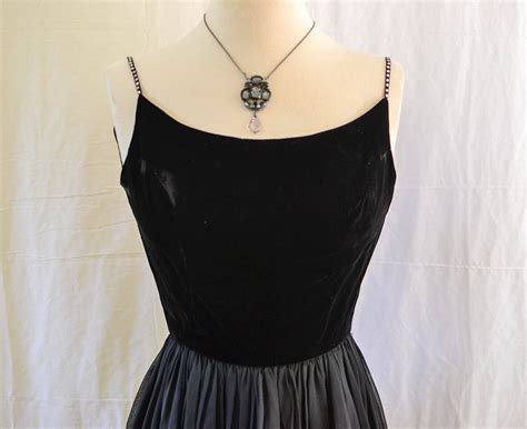 Vintage Black Party Dress Rhinestone Straps Velvet Bodice Chiffon