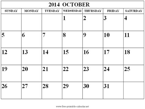 October 2014 Calendar Printable And Template