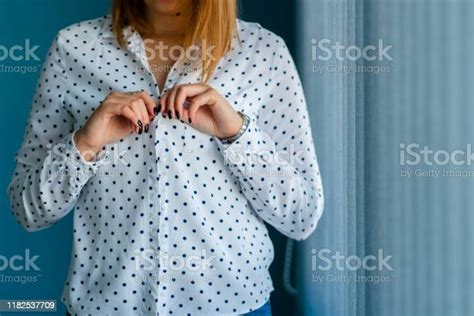 Close Up On Midsection Of Young Women Girl Button Or Unbutton White