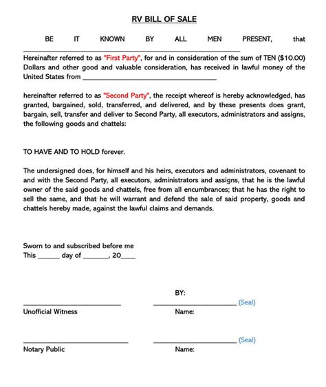 Free Recreational Vehicle Rv Bill Of Sale Forms Word Pdf