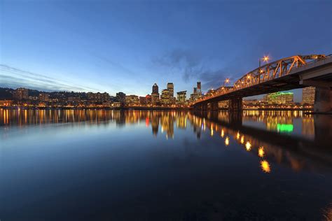 Portland Downtown Skyline By Hawthorne Bridge At Blue Hour Portland