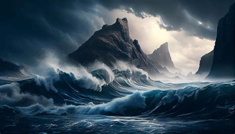 Big Storm At Sea Waves Crash Against The Rock Fantastic Sea View