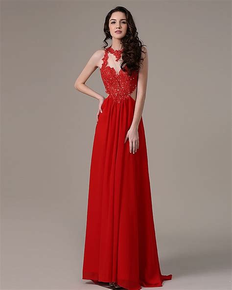 Red Illusion High Neck Sleeveless Formal Prom Gown With Lace Appliques Bodice From Puffgirls