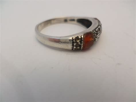 Vintage Sterling Silver Marcasite And Carnelian Ring Marked 925 And