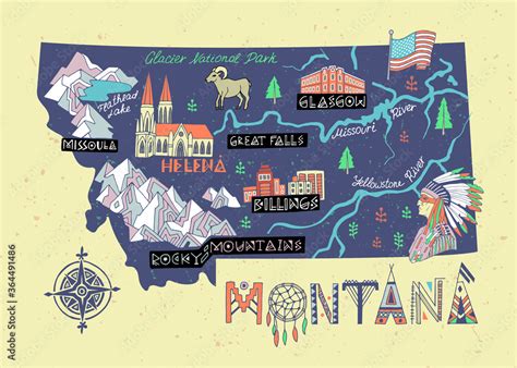 Illustrated Map Of Montana State Usa Travel And Attractions Souvenir