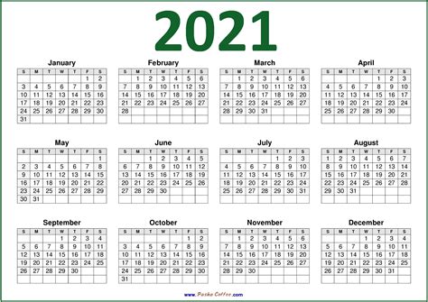 2021 Usa Calendar Printable Calendar Green