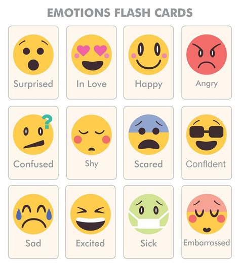 Emotions Flash Cards With Different Emoticions And Expressions On Them All In Different Colors