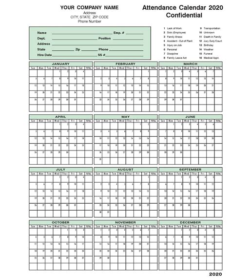 Printable Employee Attendance Calendar 2021 Calendar Template Printable