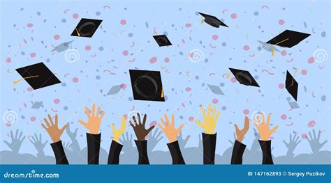 Crowd Of Graduates Throws Up Academic Caps Silhouettes Of Graduate