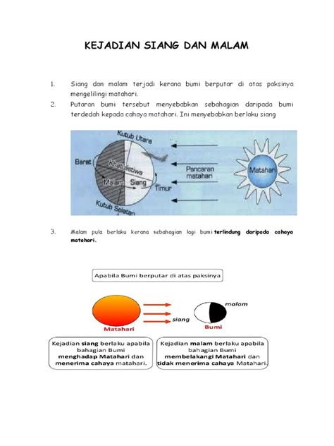 Siang dan malam terjadi kerana bumi berputar di atas paksinya mengelilingi matahari. Kejadian Siang Dan Malam Sains