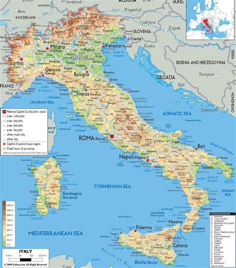 The five regions with home rule are: Large detailed physical map of Italy with all cities, roads and airports | Vidiani.com | Maps of ...