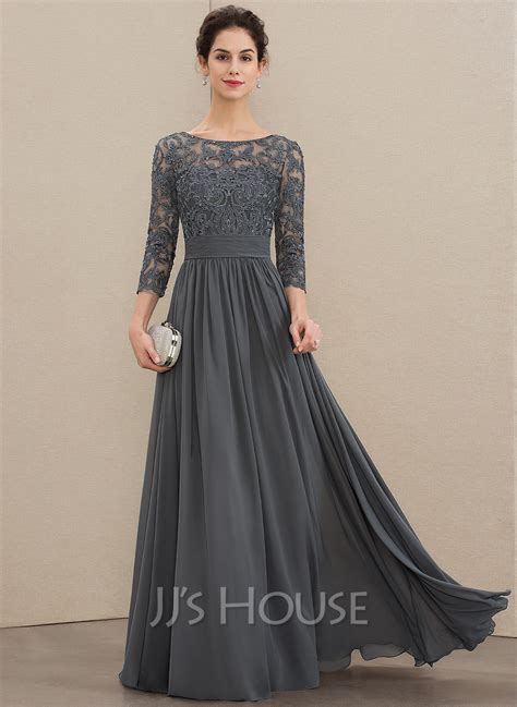 Sheath Column Scoop Neck Floor Length Chiffon Lace Mother Of The Bride Dress With Ruffle