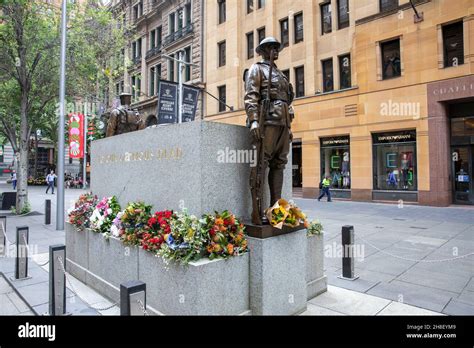 Martin Place war memorial Cenotaph with flowers wreaths from