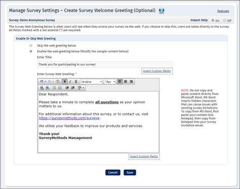 Survey Welcome Greeting Surveymethods Knowledge Base