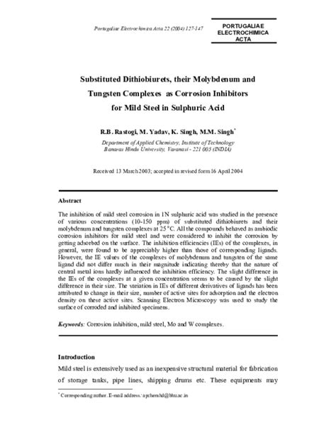 pdf substituted dithiobiurets their molybdenum and tungsten complexes as corrosion inhibitors