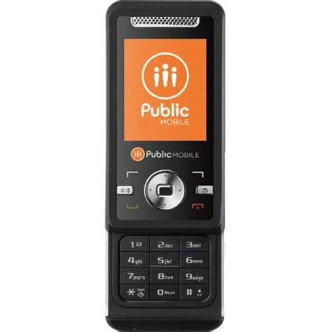 an old cell phone with the public mobile logo displayed on it's display