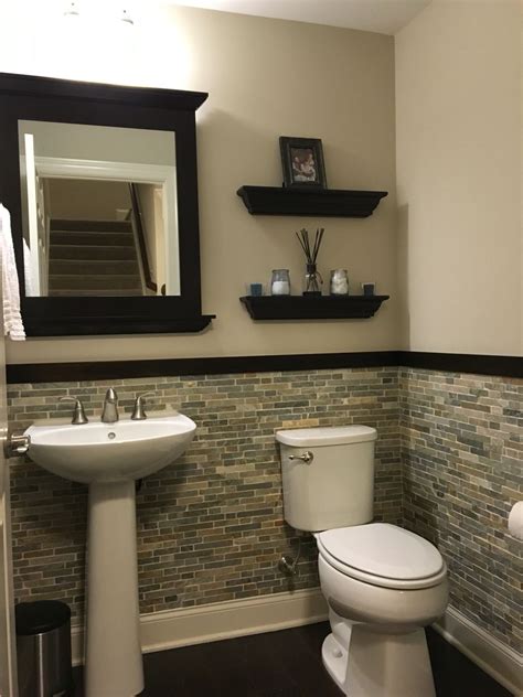 Replace your bathtub with a shower (without door) read more. Half bathroom with stone, chair rail and floating shelves ...