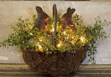 Primitive Basket With Lights And Beeswax Bunnies Spring Easter Decor