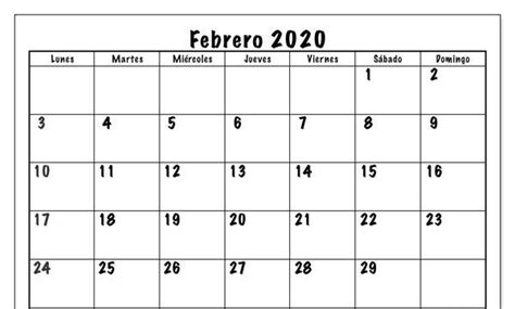 Plantilla Imprimible Gratuita Del Calendario Febrero De 2020