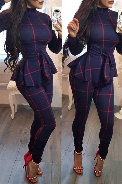 Lovely Casual Long Sleeves Plaids Deep Blue One Piece Jumpsuitjumpsuit