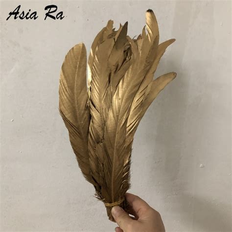 beautiful wholesale 50pcs single gold 12 14inch 30 35cm rooster feather cock tail feather