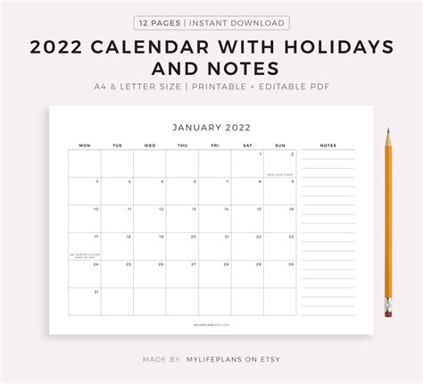 2022 Monthly Calendar With Holidays And Notes Printable Etsy