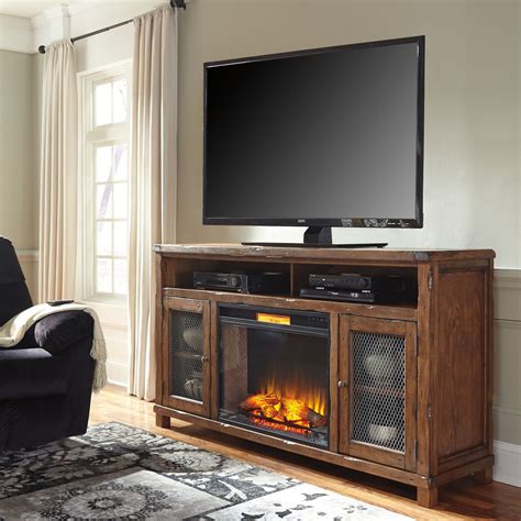 Tamonie Rustic Brown Xl Tv Stand With Infrared Fireplace Insert