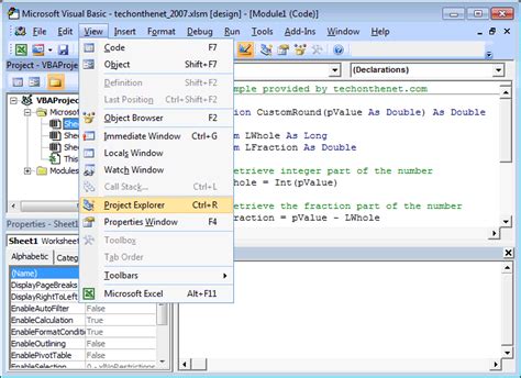 Ms Excel 2007 Project Explorer In Vba Environment