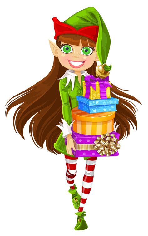 A Cartoon Elf Holding A Stack Of Presents With Her Hands On Her Hips And Smiling At The Camera