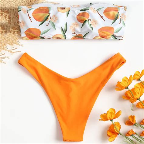 Zaful 2019 New Women Peach Print Bandeau Bikini Swimsuit Swimming Wear