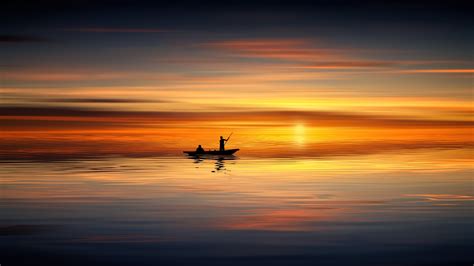 Wallpaper Sunset Sea Boat Silhouette 2560x1440 Qhd Picture Image