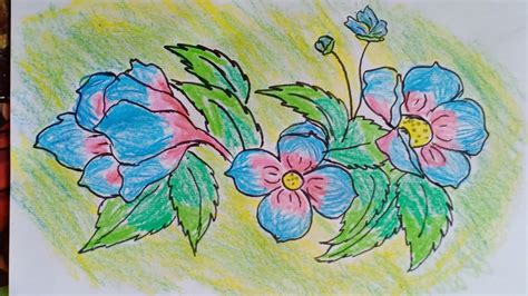 How To Draw Beautiful Flowers Drawing With Wax Crayons Youtube