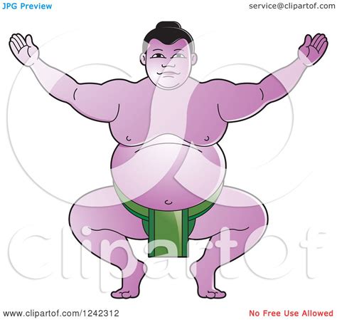 Clipart Of A Sumo Wrestler Crouching And Holding Up His Arms Royalty Free Vector Illustration