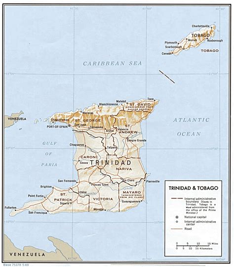 Большая подробная рельефная и административная карта Тринидада и Тобаго