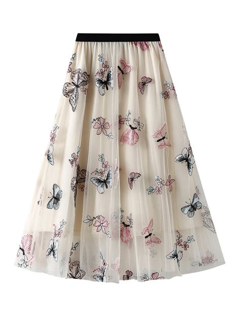 Listenwind Women鈥檚 Butterfly Embroidered Long Tulle Skirt High Waist Swing Mesh Yarn Midi Skirt
