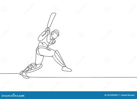 One Single Line Drawing Young Energetic Man Cricket Player Hit The Ball