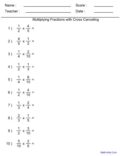Math fraction worksheets for children in kindergarten, 1st, 2nd, 3rd, 4th, 5th, 6th and 7th grades. Fractions Multiply Cross Cancel Worksheet