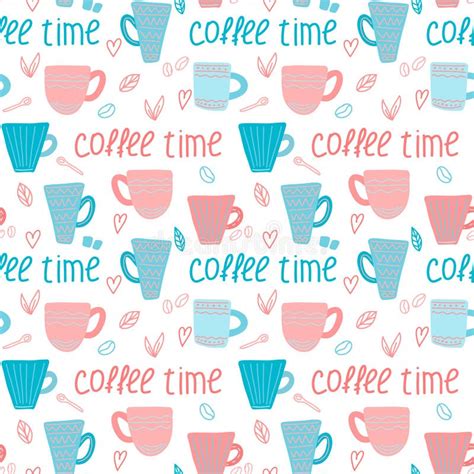 Vector Coffee Pattern With Blue And Pink Coffee Cups And The