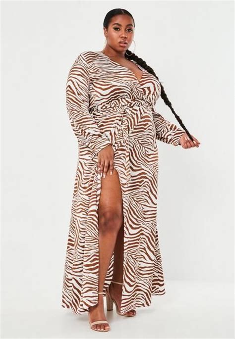 Missguided Plus Size Brown Zebra Print Plunge Neck Maxi Dress In 2020