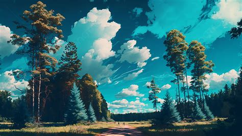 Forest Blue Sky Realistic Beautiful Background Blue Sky And White