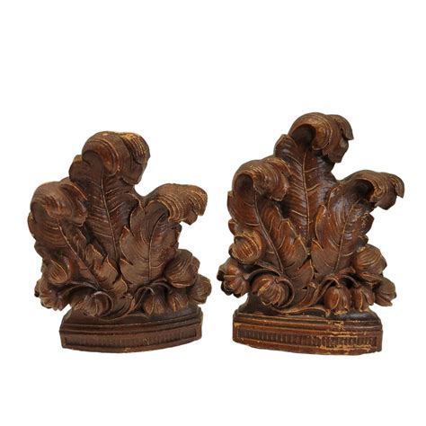 Vintage Syroco Wooden Brown Acanthus Leaf Bookends Syracuse Ornamental