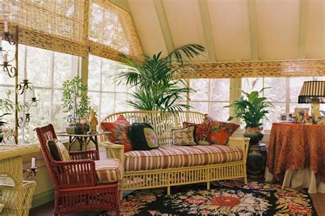 Eclectic Vintage Inspired Sun Room With Wicker Furniture And Bamboo