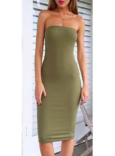 Strapless Bodycon Dress Olive Green Midi Length Sleeveless