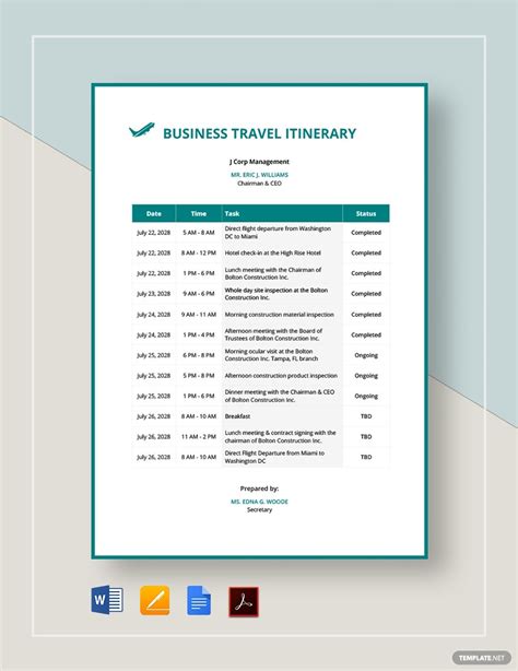 Business Travel Itinerary Template 23 Word Excel And Pdf