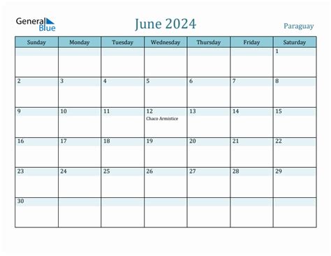 June 2024 Monthly Calendar With Paraguay Holidays