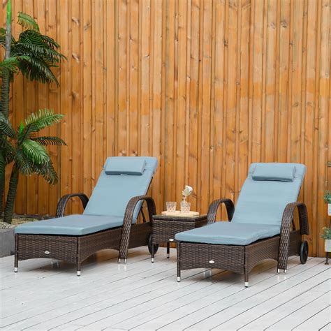 Outsunny 3pcs Wheeled Patio Rattan Chaise Lounge Set Reclining Lounger