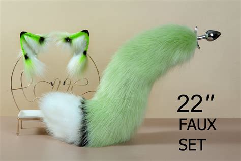 green fox tail plug and ear set fox ear and tail butt plug wolf tail plug with tails sextoy