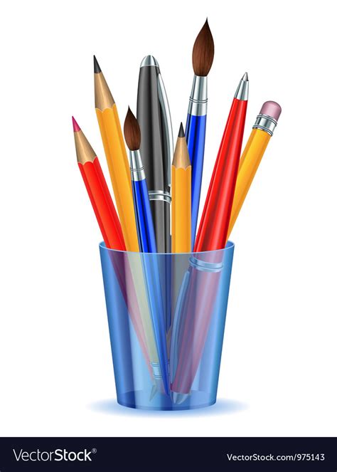 Brushes Pencils And Pens In Holder Royalty Free Vector Image