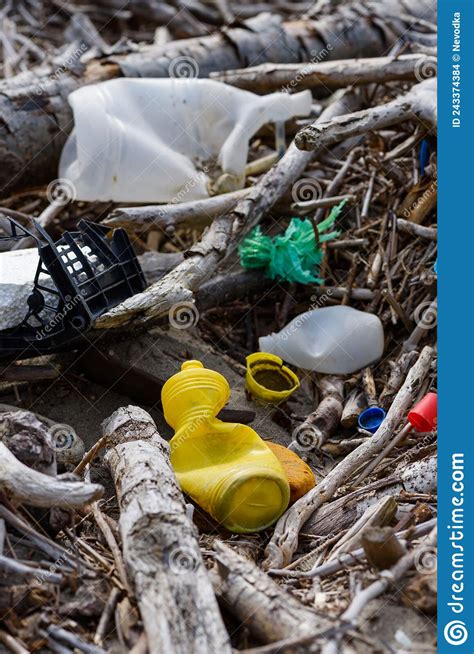 Different Kinds Of Plastics Pollution In Drift Wood Stock Photo Image