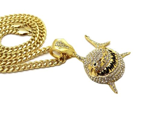 Tekashi 69 6ix9ine Shark Pendant Cuban Link Chain Necklace Gold Hip Hop